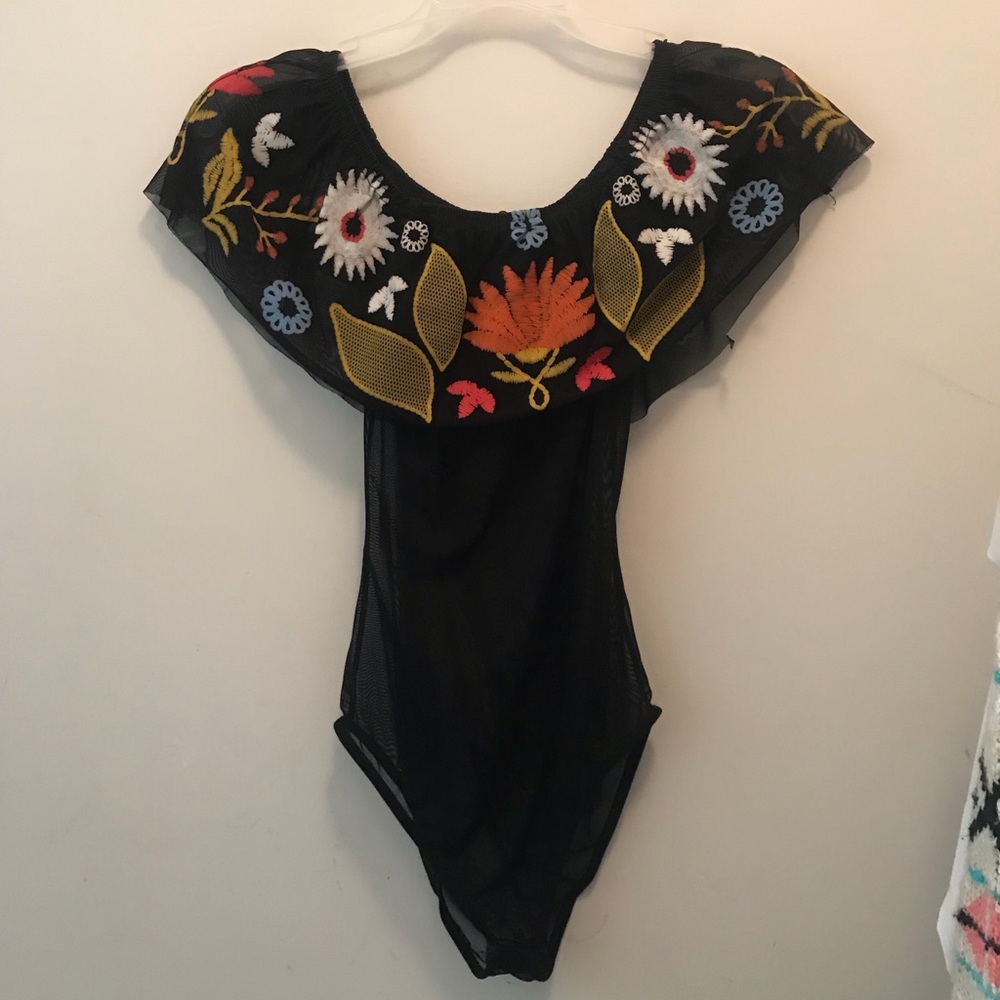 Off the shoulder mesh body suit